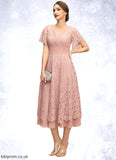 Rhoda A-line V-Neck Tea-Length Chiffon Lace Mother of the Bride Dress With Pleated STB126P0021927