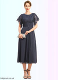 Josephine A-line Scoop Tea-Length Chiffon Lace Mother of the Bride Dress With Pleated STB126P0021928
