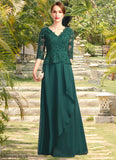 Riley A-line V-Neck Floor-Length Chiffon Lace Mother of the Bride Dress With Cascading Ruffles Sequins STB126P0021934