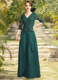 Riley A-line V-Neck Floor-Length Chiffon Lace Mother of the Bride Dress With Cascading Ruffles Sequins STB126P0021934