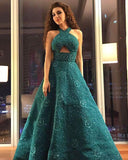 Unique A Line Green Halter Beading Satin Long Prom Dresses, Cheap Evening Dresses STB15451