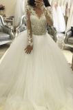 Ball Gown Long Sleeves V Neck Tulle Wedding Dress, Princess Long Bridal Dress With