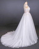 A Line Straps V Neck Lace Appliques Tulle Wedding Dresses Long Wedding Gowns STB15034