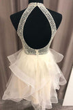 A Line High Neck Beading Bodice Short Homecoming Dresses With Open Back