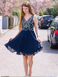 Elegant A Line V Neck Navy Blue Beading Short Homecoming Dresses