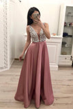 Prom Dress V Neck Satin With Beads And Sequins Floor