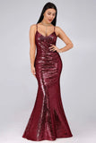 Sexy Spaghetti Straps Burgundy Sequins V Neck Party Dresses Mermaid Prom Dresses STB15358