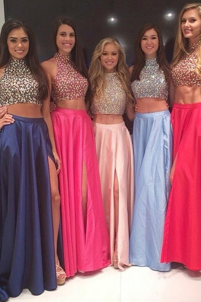 Two-Piece High-Neck Prom Dresses Beaded Bodice