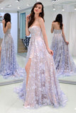 Charming Sweetheart Strapless Lace Appliques Lilac Prom Dresses with STB20404