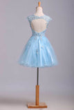 Scoop Short/Mini Prom Dress A Line Tulle Skirt Embellished Bodice With Beads And Applique Cap