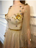 Elegant 3D Flowers Long Sleeve Prom Dresses Golden Rhinestone Evening Dresses STB15143