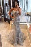Unique Spaghetti Straps Mermaid Grey V-neck Prom Dresses with Applique STB15467