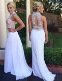 Fabulous Two Piece High Neck Mermaid White Prom Dress with Beading Open Back