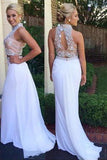 Fabulous Two Piece High Neck Mermaid White Prom Dress with Beading Open Back