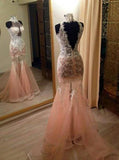 Exclusive High Neck Sweep Train Illusion Mermaid Peach Prom Dress with Lace