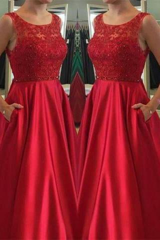 Elegant Jewel Sleeveless Floor-Length Red Beads Open Back Pockets Prom Dresses
