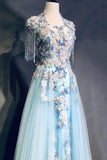 Modest Square Neckline Beading Appliques Sky Blue Long Prom Dresses Pageant Gown