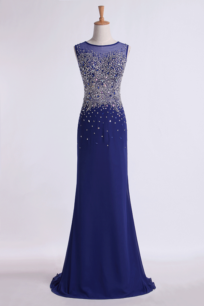 Prom Dresses Scoop Sheath Beaded Tulle Bodice With Long Chiffon