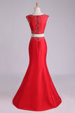 Prom Dresses Two Pieces Bateau Mermaid/Trumpet Beaded Floor-Length Tulle And