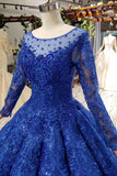 Elegant Royal Blue Long Sleeves Ball Gown Lace up Puffy Quinceanera Dress with Appliques