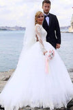 Elegant Ball Gown Lace Long Sleeve Wedding Dresses with Appliques, Tulle White Bridal Dress STB15156