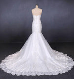 Charming Strapless Sweetheart Mermaid Lace Appliques White Wedding Dresses STB15128