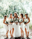 A Line Spaghetti Straps V Neck White Bridesmaid Dresses with Tea Length, Prom Dresses STB15495