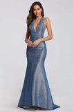 Sexy V Neck Halter Blue Backless Prom Dresses, Cheap Long Party Dresses STB15365