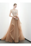 A-Line Spaghetti Straps Tulle Long Appliques Prom Dresses Formal Evening