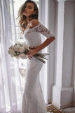 2 Pieces Ivory Lace Mermaid Off the Shoulder Wedding Dresses, Beach Wedding Gowns STB14986