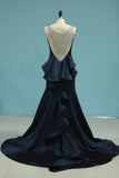 New Arrival Scoop Satin With Beading Prom Dresses Mermaid Court