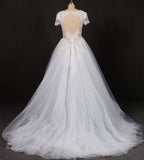 A-line Short Sleeves Beads V Neck Lace Applique Wedding Dresses, Bridal Dress STB15051