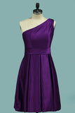 One Shoulder A Line Satin With Ruffles Short/Mini Bridesmaid