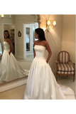 Strapless Simple Ivory Satin A Line Pleated Wedding Dresses With Court Train Bridal