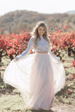 Two Pieces Long Sleeves Lace Appliques Blush Pink Wedding Dresses, Beach Wedding Dress STB15538