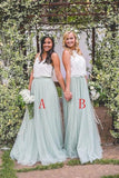 2 Pieces Tulle Ivroy And Mint Long Simple Cheap Elegant Bridesmaid Dresses STB15543