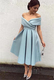 Off The Shoulder A Line Prom Dresses Satin With Ruffles Tea