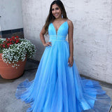 A Line Sky Blue Spaghetti Straps V Neck Tulle Prom Dresses, Cheap Evening Dresses STB15554