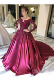Prom Dress With Long Sleeves And Floral Embroidery Burgundy Colored Court STBPJ8SLMB9