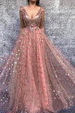 Gold Star Printed Lace Prom Dresses V Neck Long Princess Ball Gown Evening