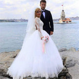 Elegant Ball Gown Lace Long Sleeve Wedding Dresses with Appliques, Tulle White Bridal Dress STB15156