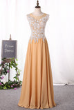 A Line Scoop Prom Dresses Chiffon With Applique Floor