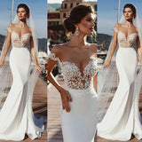 Stunning Mermaid Cap Sleeve Sheer Neck Long Wedding Dresses Beach Wedding Gowns STB15437
