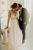 Elegant A Line Tulle Ivory V Neck Wedding Dresses With Pearls, V Back Beach Bridal Dresses STB15153
