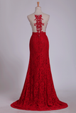 Scoop Mermaid/Trumpet Prom Dresses With Applique Burgundy/Maroon Lace &