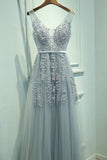 V Neck Prom Dresses A Line Tulle With Applique Open