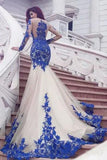 Mermaid Royal Blue Scoop Appliques Tulle Prom Dresses Long Evening STB20464