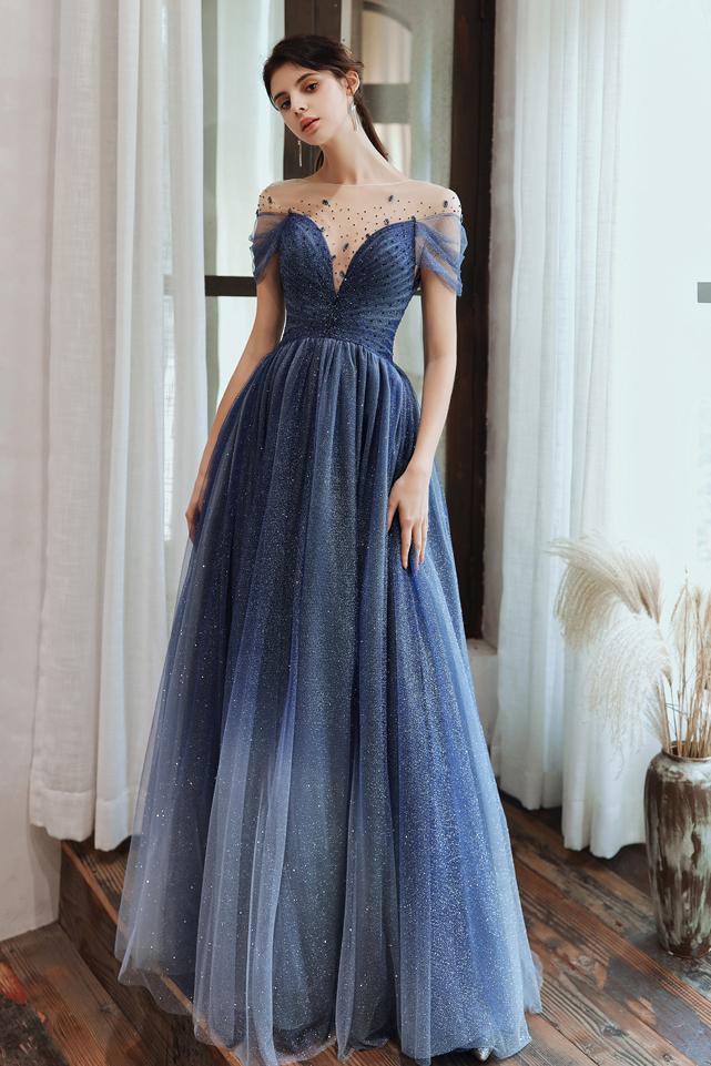 A-line V Neck Sleeveless Long/Floor-Length Tulle Prom Dress with Appliqued  Beading - Prom Dresses - Stacees