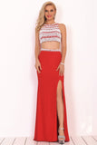Two-Piece Scoop Prom Dresses Spandex With Beads And