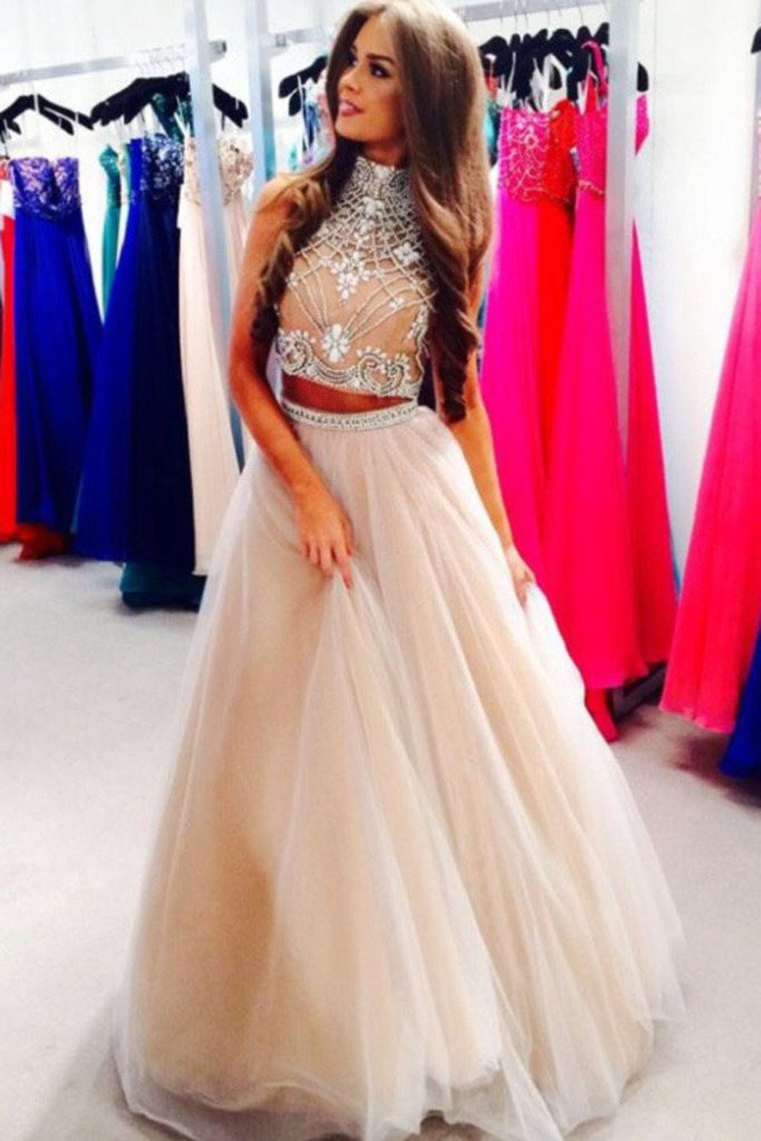 Two-Piece High Neck Prom Dresses A Line Tulle With
